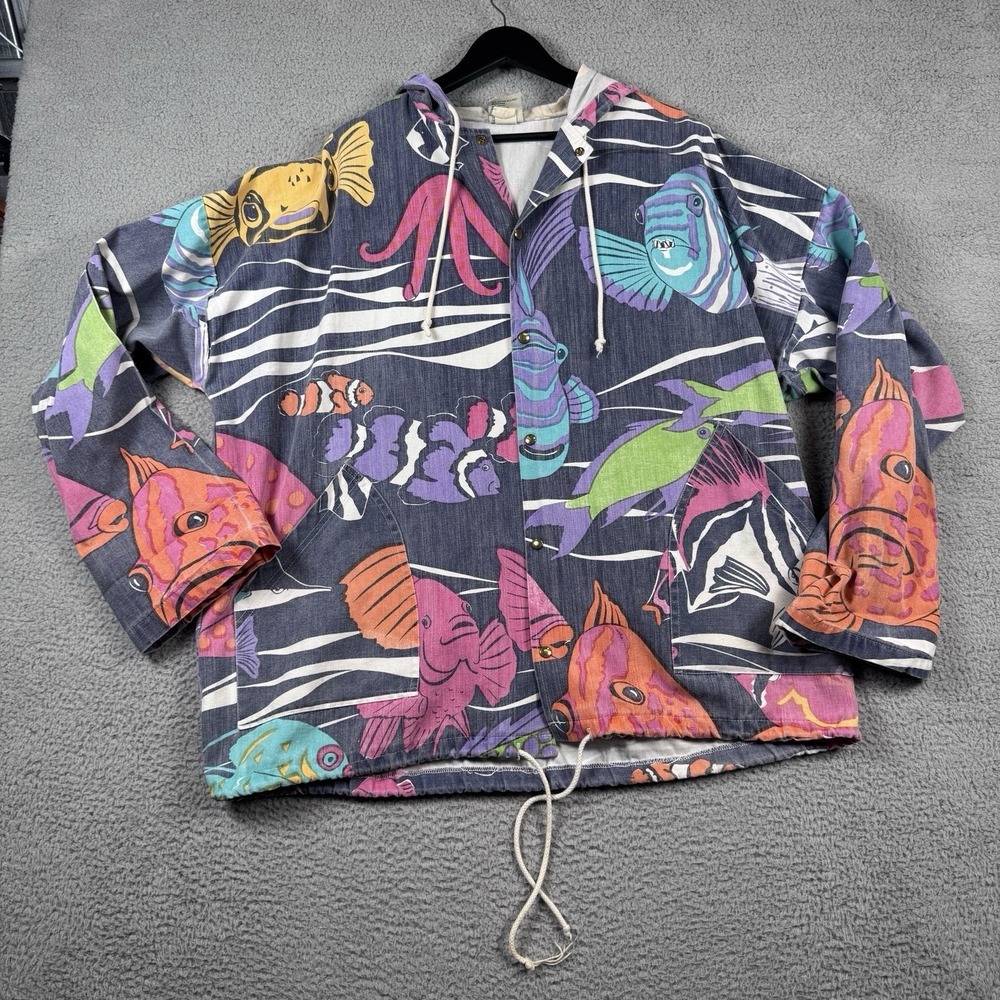 Vtg Michigan Rag Co. Jacket L/XL Oversized Tropical Fish Print Hooded 1980s Art - Picture 1 of 13